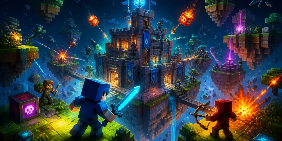 Arena voxel con castello, isole sospese e combattenti