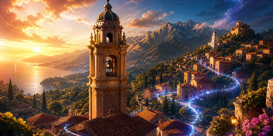 Campanile e borgo italiano affacciati sul mare al tramonto