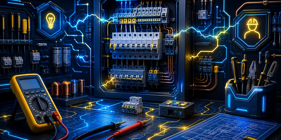 Banco elettrico futuristico con quadro, multimetro e circuiti