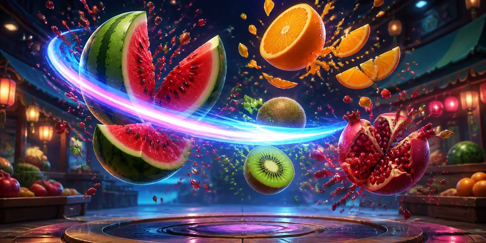Frutta affettata in volo da una scia luminosa