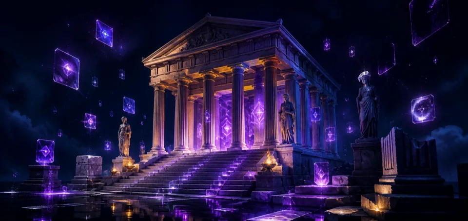 Palazzo classico sospeso in un paesaggio onirico