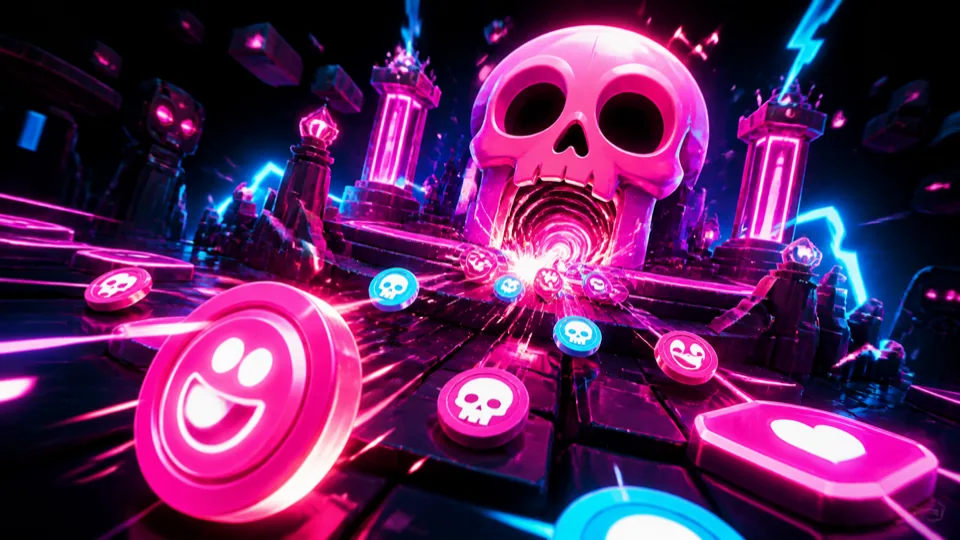 Teschio rosa al neon in un'arena futuristica
